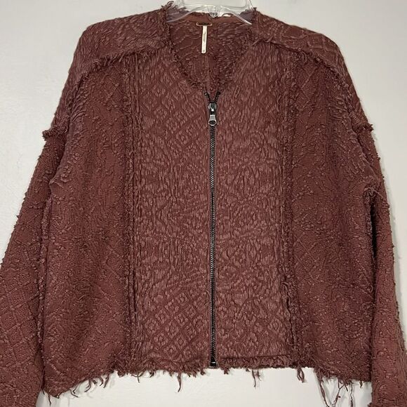 Free People Boho Zip Jacket Womens Size XS Brown Textured Raw Hem Cotton Sweater - Picture 5 of 9